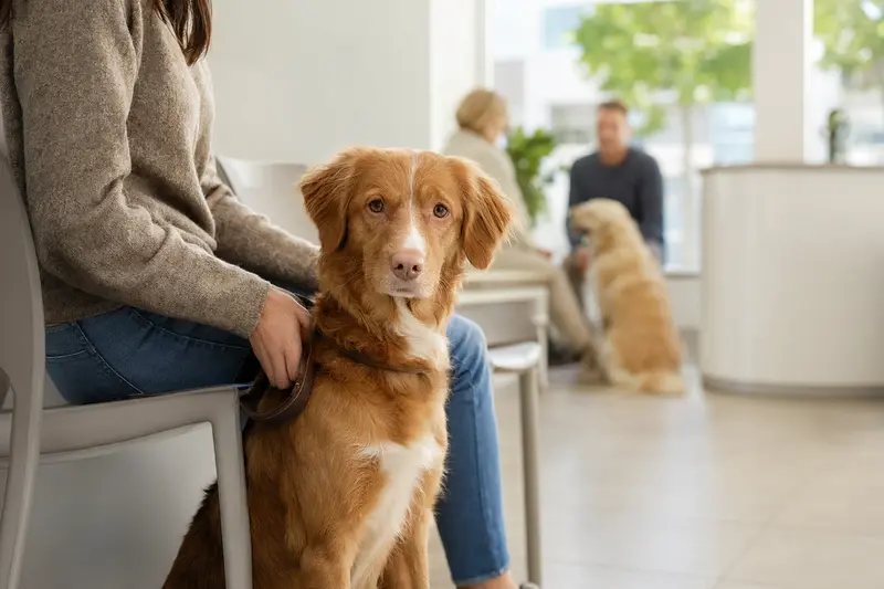 Ein Nova Scotia Duck Tolling Retriever sitzt ruhig neben seinem Besitzer im hellen Wartezimmer einer modernen Tierarztpraxis.